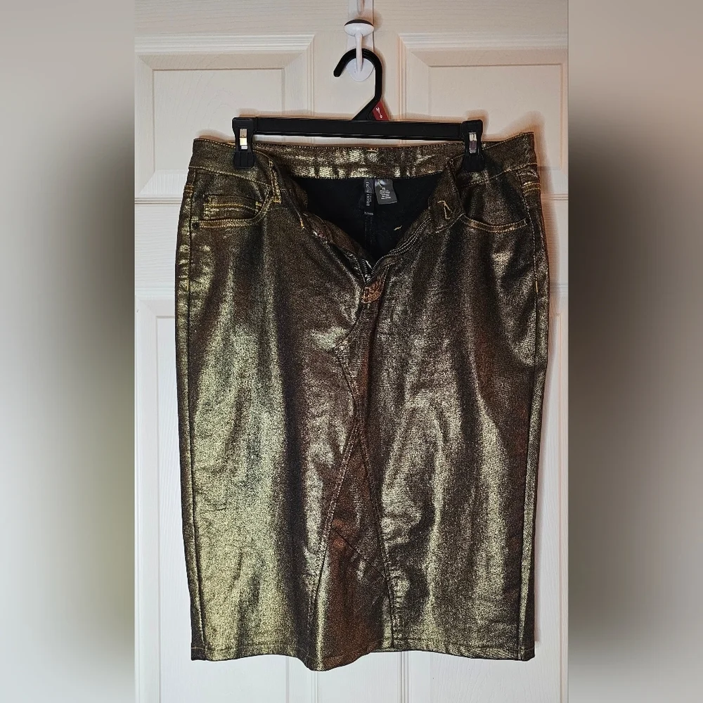 Bisou Bisou Gold Metallic Denim Pencil Skirt Y2K - Size 12 - Picture 3 of 4
